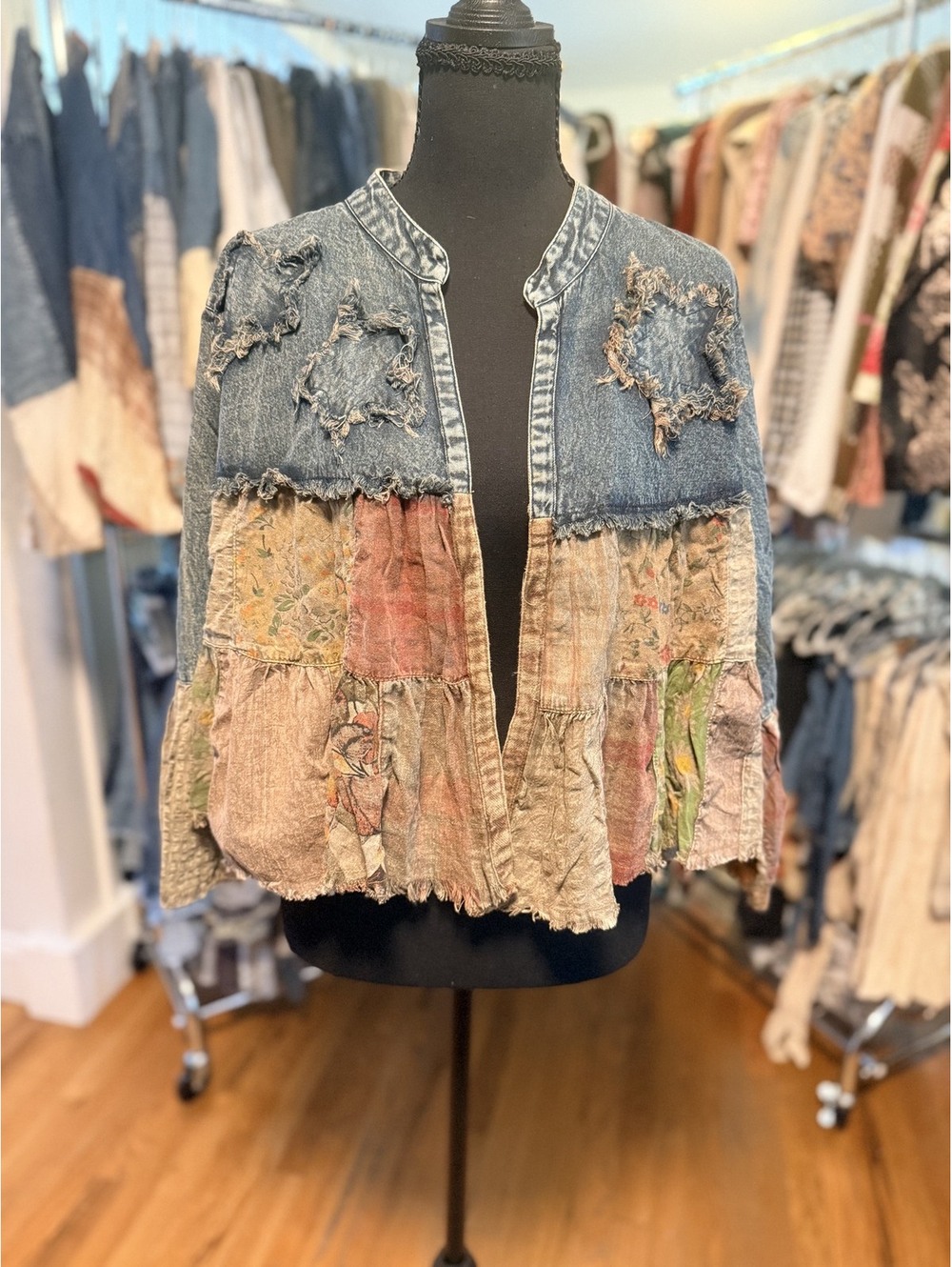 YOUNG THREADS Star Patch Denim Patchwork Shrug Gravel NWT XL